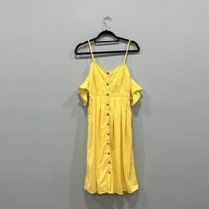 Off shoulder pleated cotton buttercup yellow lulus midi dress w brown buttons